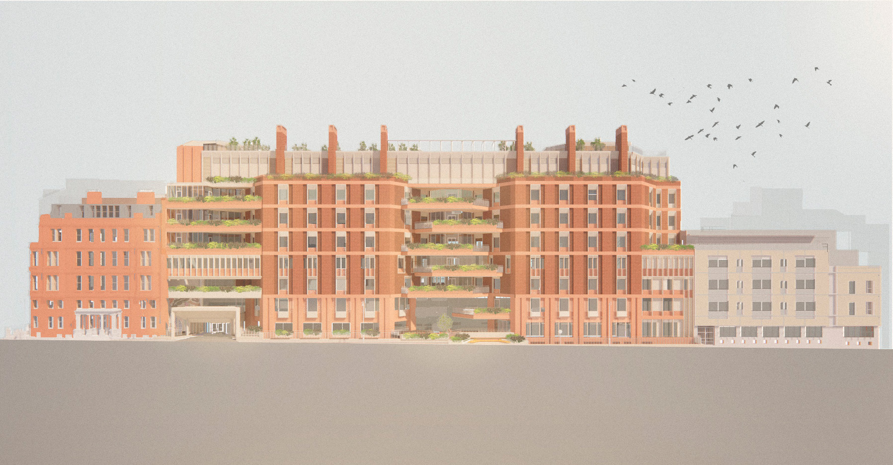 An architectural triptych of ‘Houses’, including the existing red brick Paul O’Gorman Building, framed with shared vertical gardens.
