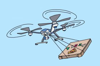 A drone delivering a pizza