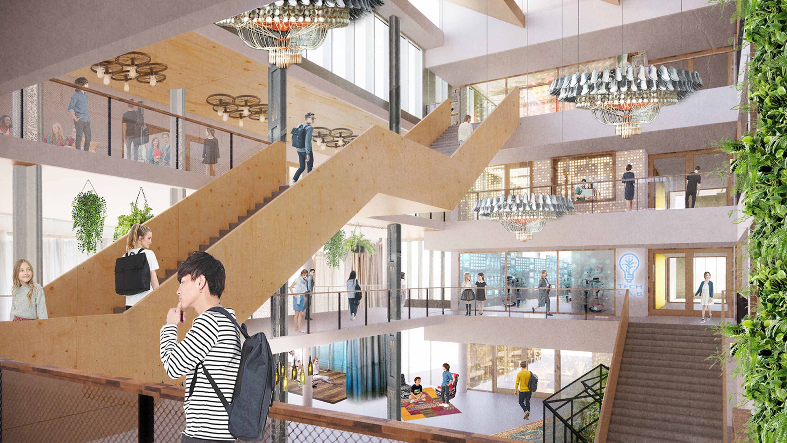 A central social route meanders through the building, connecting practical teaching labs which display the innovative education to the school’s interior as well as its surroundings.