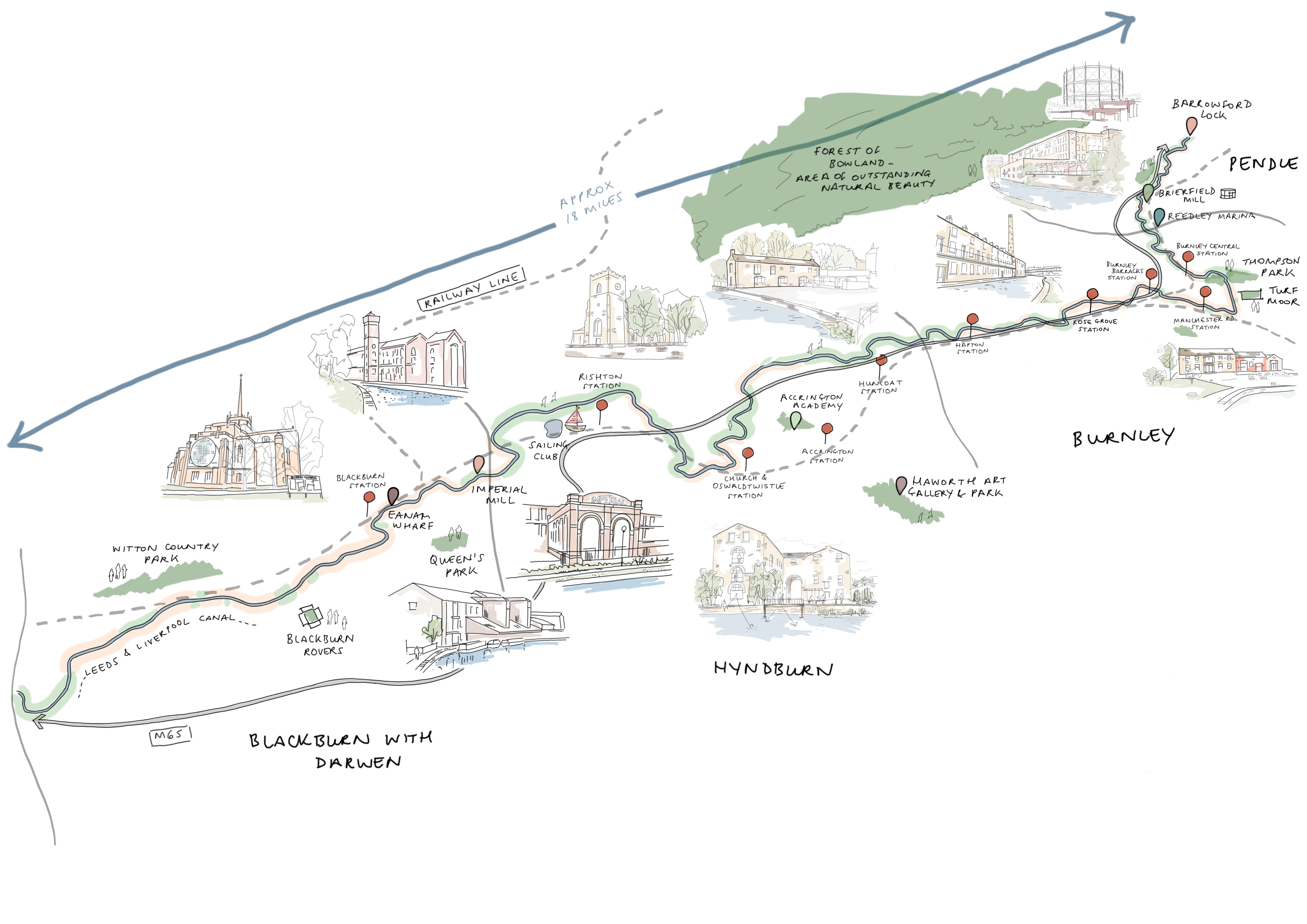 The design centres on 23 miles of verdant green routes that connect streets and communities with the canal side.